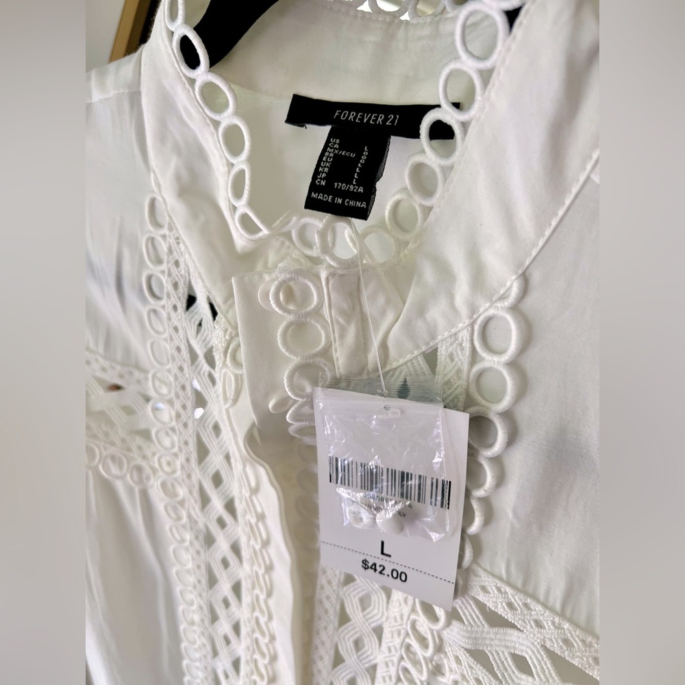 F21 Forever 21 Crochet Woven Lace Cutout Ivory White Blouse Womens L Large 8 - Picture 13 of 17